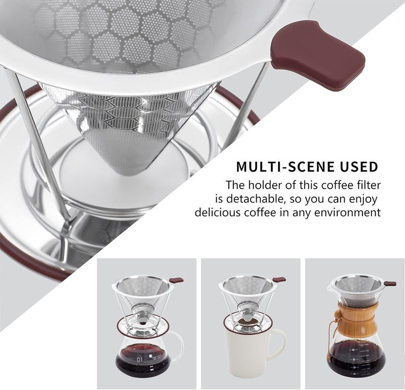 HAPYHOOM Pour Over Coffee Dripper Stainless Steel Coffee Filter Metal Cone Filter Paperless Reusable Single Cup Maker 1-2 Cup With Non-slip and Removable Cup Stand - Image 4
